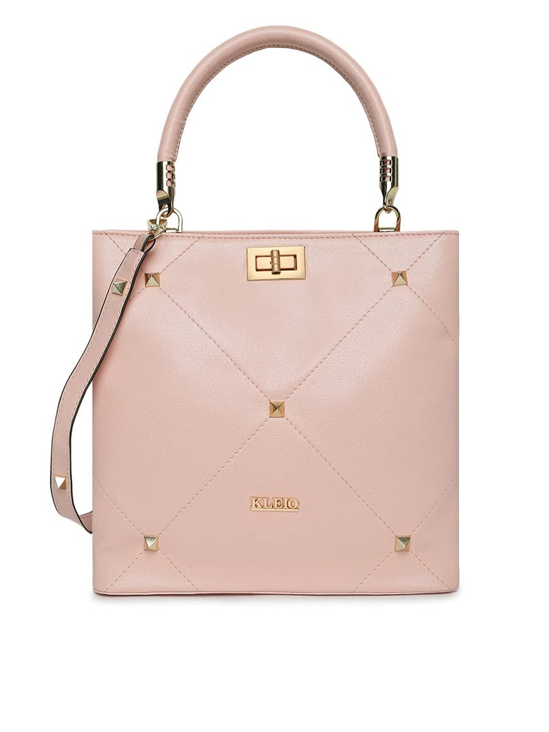 KLEIO Gold Studded Top Handle Handbag for Women - Pink - Image 5